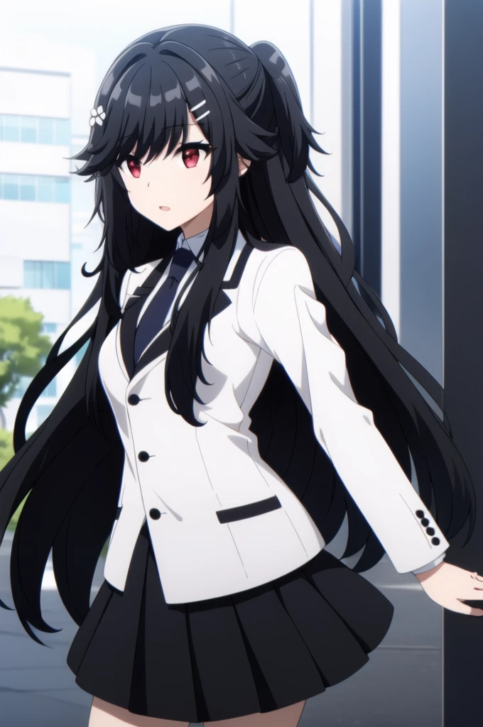  white shirt ,black skirt,jacket,,Black Tie,
bangs, black hair,hair ornament, hairclip, long hair, red eyes,
1 girl