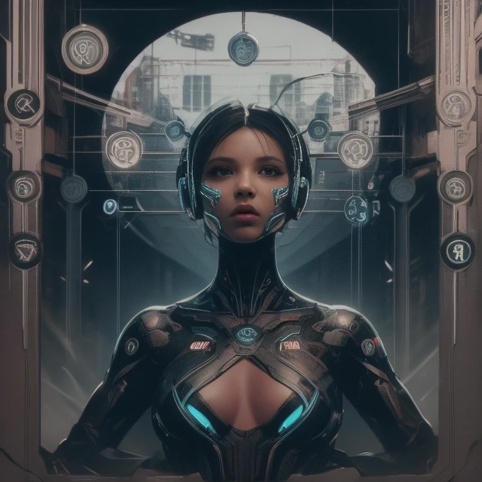 Retro graphics Rated R, nsfw, sexy female cyborg, magazine cover, poster art , Lovecraftian horror theme, bold huge text, matted design layout.