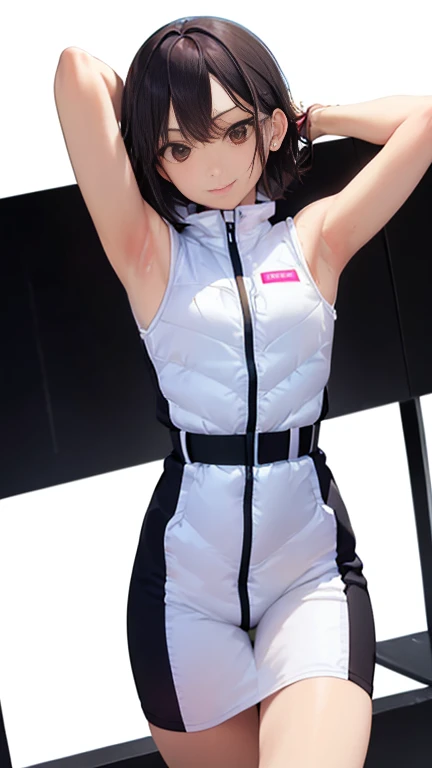 Actual,best Actual quality:1.1),(photo shoot:1.1),(High resolution), (Highly detailed and Actual face),Half Body,(Actual human skin),(everyone),(White skin of a 15 year old,Light brown short bob, Wear a sexy tight astronaut suit,) Space Stationの一室, ((15-year-old girl, Young Smile, slim, Narrow waist, Thin thighs, Thin arms)), ((Raise your arms, Please show me your armpits)),BREAK Inside the spaceship、Space Station、acrobatic pose