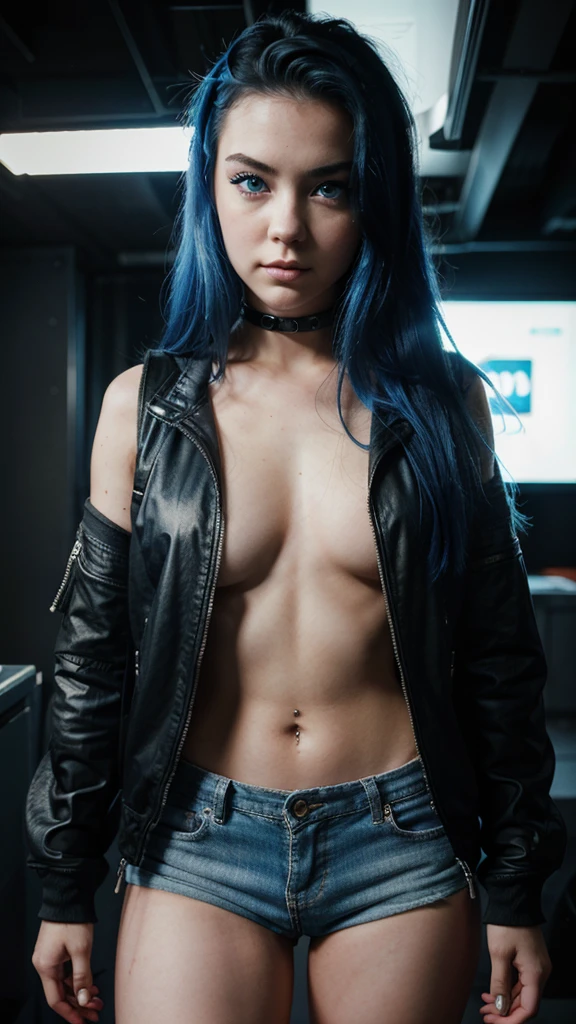 A 23-year-old girl with the face of Amy Lee, blue eyes, hyperrealistic, with short shorts, cyberpunk style