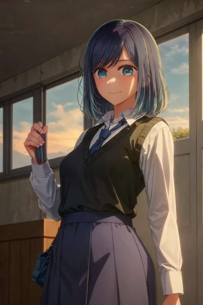 best quality, masterpiece, 1 girl, alone, detailed eyes, calm expression, reassured, tie, shirt, blue tie, blue hair, white shirt, long sleeves, looking at viewer, medium hair, collared shirt, vest, indoors, bangs, vest, closed mouth, smile, green eyes, multi-colored hair, black vest, short hair, faded hair, blue eyes, skirt, sunset, in a flower park, open park