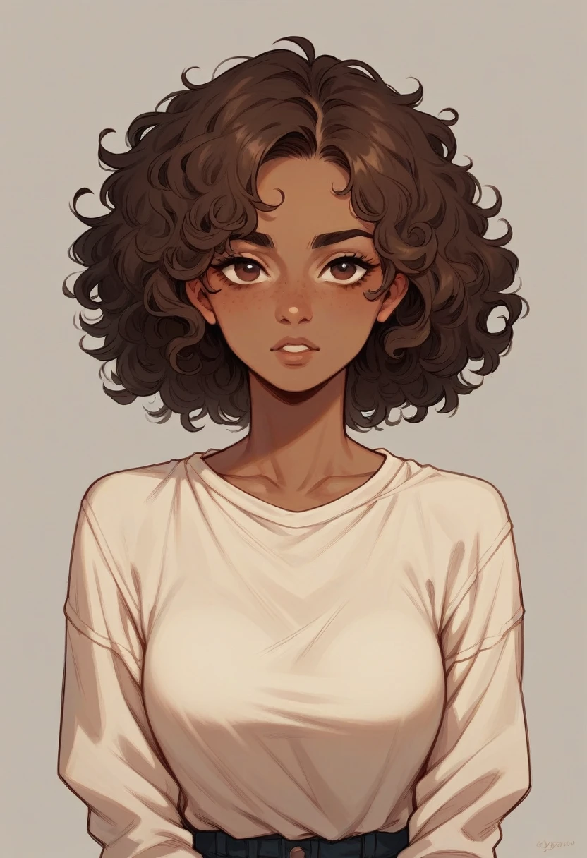 1woman with brown skin and curly hair with brown eyes