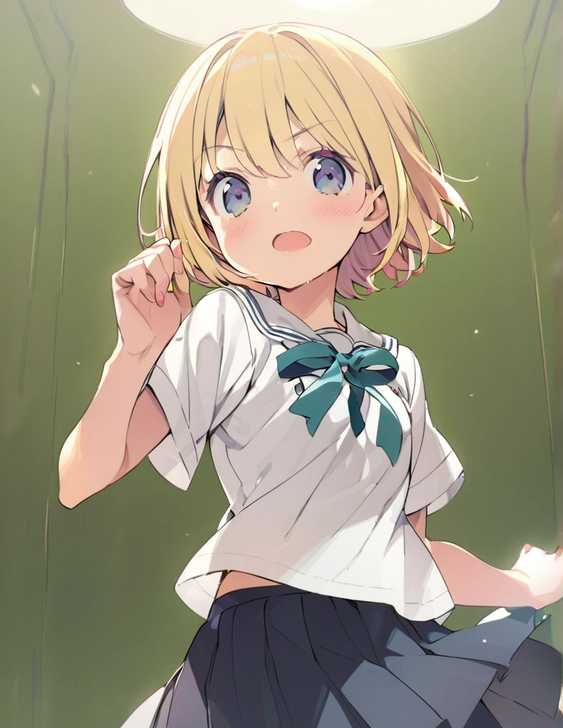 A young girl and a tentacle-shaped liquid have sex and climax.,Too embarrassed face,Blonde short hair,Green Eyes,Summer uniform covered in cum,Height 30cm,Watery bushes,Cute and naughty,blushing cheeks,A lot of liquid goes into the pussy,My summer uniform melts into the liquid,
