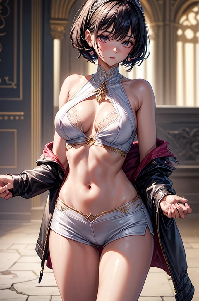 ((highest quality)),(ultra high resolution),(Super detailed),(detailed description),((best CG)),(best work of art),super precision art, great drawing art,(Art with precise details:1.5), (ung girl:1.5), beautiful and well-shaped face:1.5,(Beautiful skin with precise and detailed depiction:1.6),(simple sleeveless halter crop top with a pair of shorts ),gorgeous, masterpiece, best quality, high-resolution, finely detailed, extremely detailed and beautiful, distinct-image, 1 girl, 16 ynager, solo,acial features, oval shaped face. cherry pink lips, lightly tanned white skin. velvet-colored eyes, C-cup breasts, tall height(17lim yet chiseled body type, short shoulder length dark violet-black hair, small narrow waist, long and slender legs, curvy wide hips, elegant gothic courtyard setting