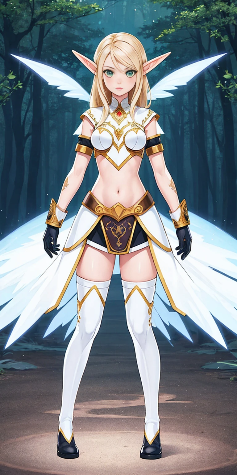 ((Full body photo, standing, feet on the floor))  (masterpiece, best quality), (full body:1.6), standing (small fighting elven 1girl:1.6),(magical),(cute,adorable:1.3),blonde hair, green eyes, medium breast, beautiful, detailed, enchanted breastplate with precious gemstones, white thigh-high greaves, seductive pose, in a forest, magic flora, detailed face and eyes, volumetric light,(ultra quality skin:1.7)