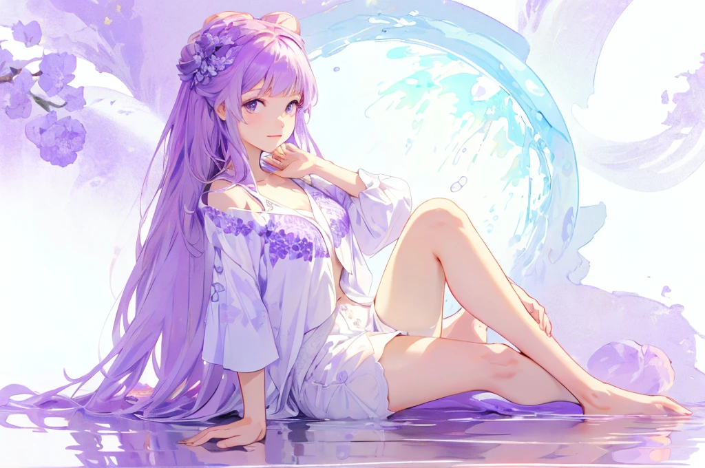 purple flower pattern white background, sitting in the middle, casual outfit, inside in the circle in the middle, long hair, water reflection,
