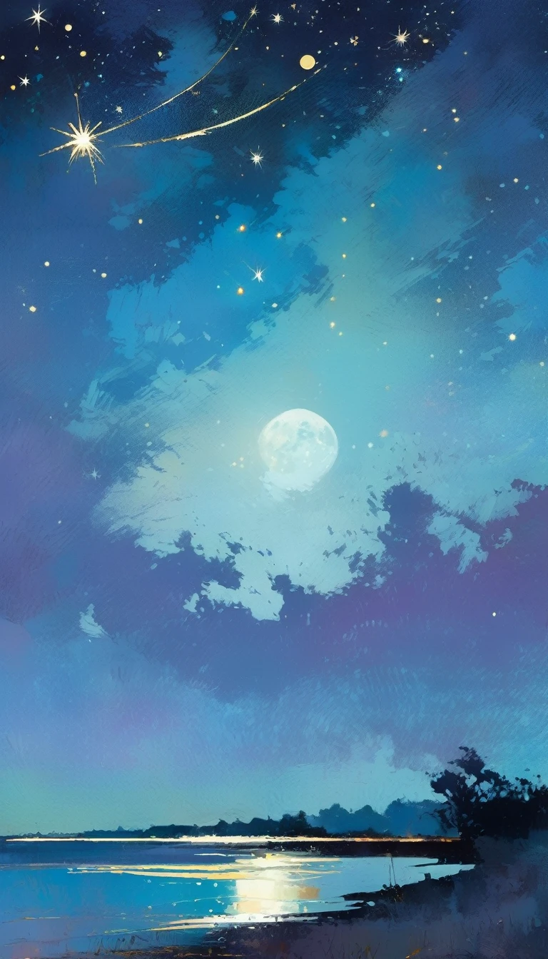 magic, fantastic, night sky, moon, stars, background, (simple oil painting in a style to Bill Sienkiewicz)