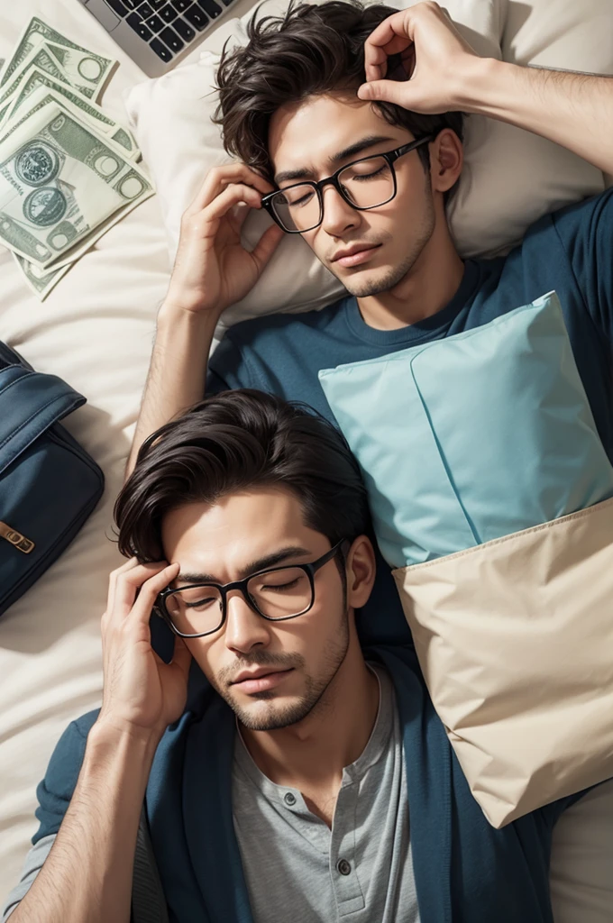 Man wearing glasses sleeping with several bags of money