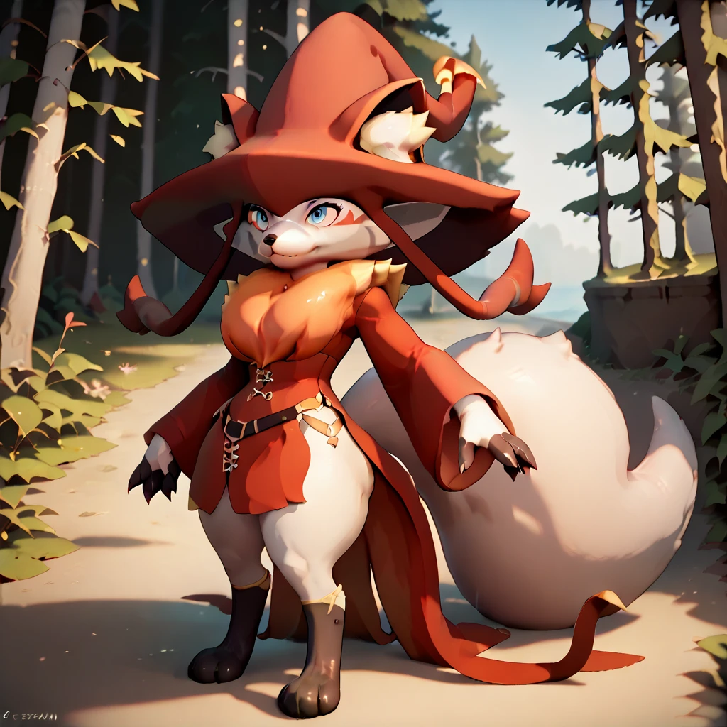 (Wixen)(sexy)(woman)(detailed face)(red witch hat)(white skin)(blush)(red lingerie) detailed clothes, [[fox]] good anatomy(medium size breast)(medium size ass)standing straight, detailed tail, front view, 2d artstyle, (forest), visible breast