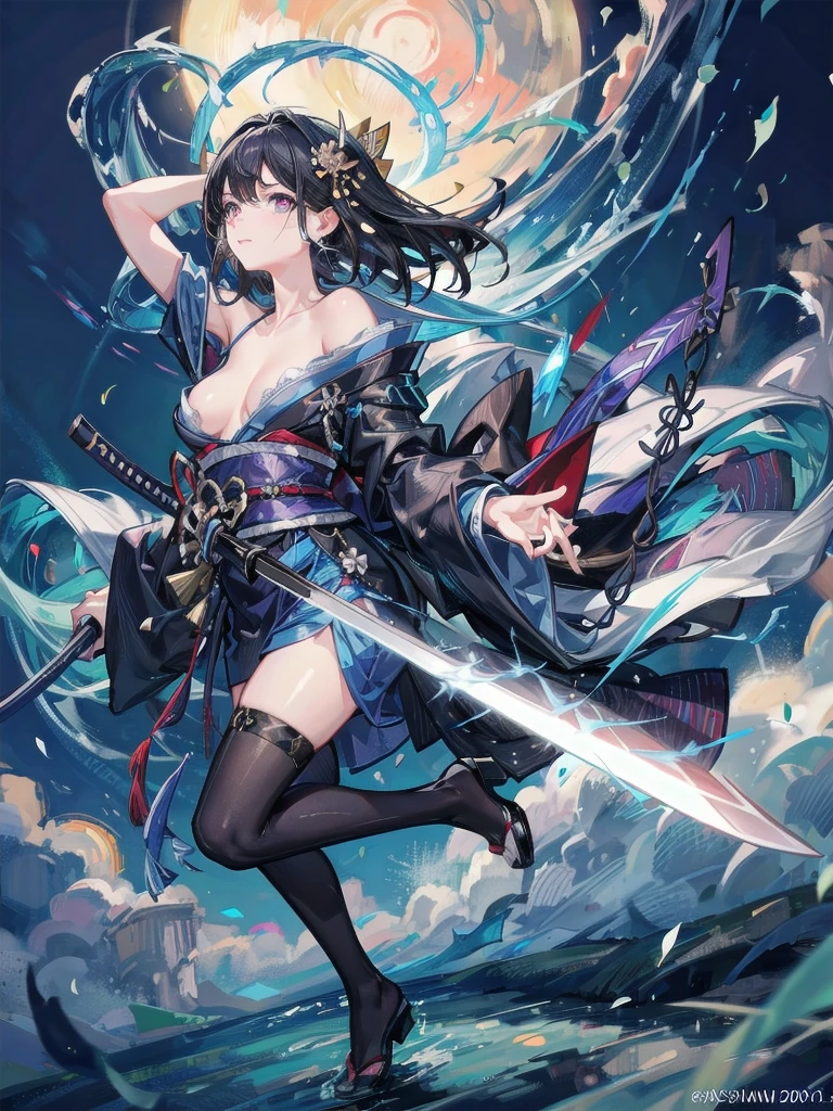 absurdres, RAW photo, extremely delicate and beautiful, masterpiece, Best Quality, ultra high resolution, 32k, hyperrealistic, ultra-detailed, in her 20s, delicate facial features, tearful mole, earring, medium breasts, full body shot, shorter middle hair, black hair, shuimobysim, Japanese kimono, ninja, samurai, sword with blue flames,