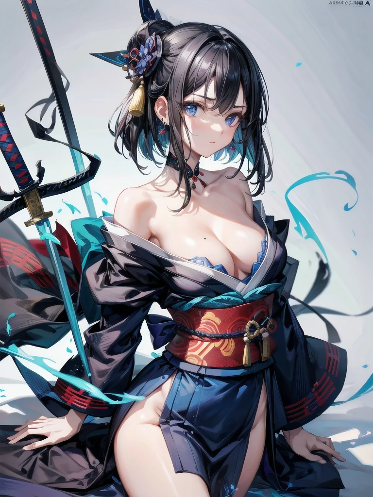 absurdres, RAW photo, extremely delicate and beautiful, masterpiece, Best Quality, ultra high resolution, 32k, hyperrealistic, ultra-detailed, in her 20s, delicate facial features, tearful mole, earring, medium breasts, full body shot, shorter middle hair, black hair, shuimobysim, Japanese kimono, ninja, samurai, sword with blue flames,