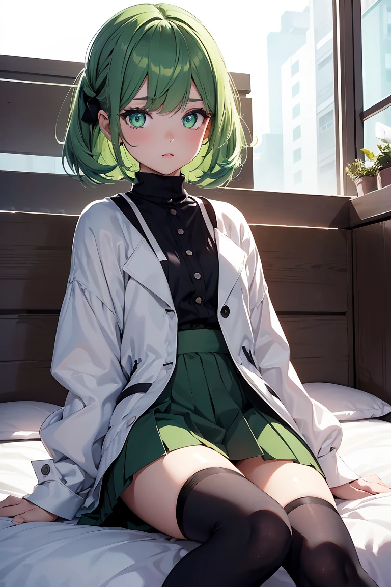 ((1 Girl)), Latest Trends in Clothing, My Room, Lie down in bed, Street fashion,(Sleepy look, yawn), Calm, quiet, skirt,black tights,((Very detailed,Highest quality, High resolution, 8k wallpaper, Beautiful clothes,)),((Small story, Pastel green hair, Shortcuts,Side Up)), (Asymmetrical bangs) ,(Bright green eyes),eye shadow, eyeliner,Glowing Eyes, Very detailed目, Beautiful eyes with highlights, 輝くBright green eyes、18-year-old girl