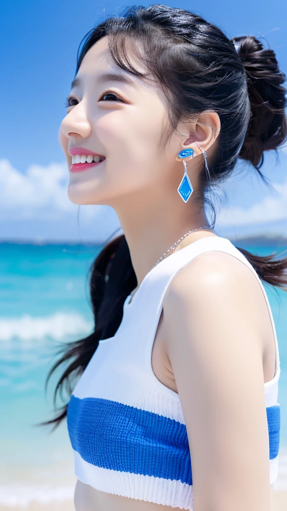 a girl wearing tiny blue sample earring, At the beach, sea, blue sky, sea breeze, half body shoot, Korean, KPOP, happy smile, group, white skin, black hair, jewelry, commercial advertising, white background, laser gradient background, subsurface scattering effect