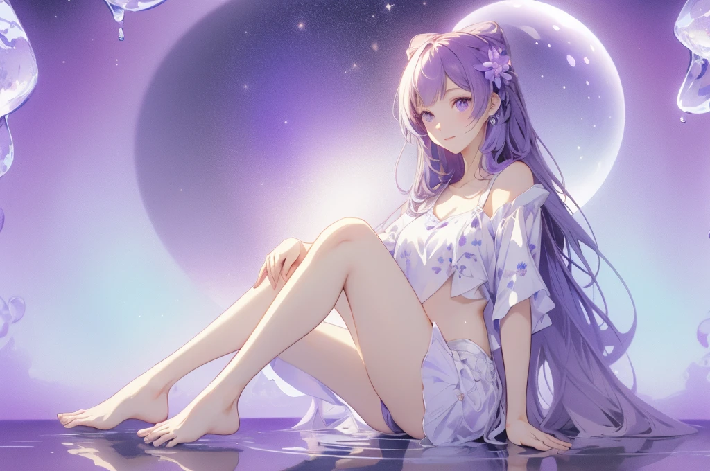 purple flower pattern white background, sitting in the middle, casual outfit, inside in the circle in the middle, long hair, water reflection,