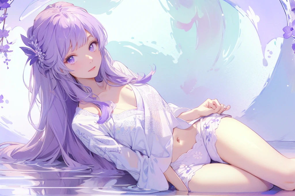 purple flower pattern white background, sitting in the middle, casual outfit, inside in the circle in the middle, long hair, water reflection,