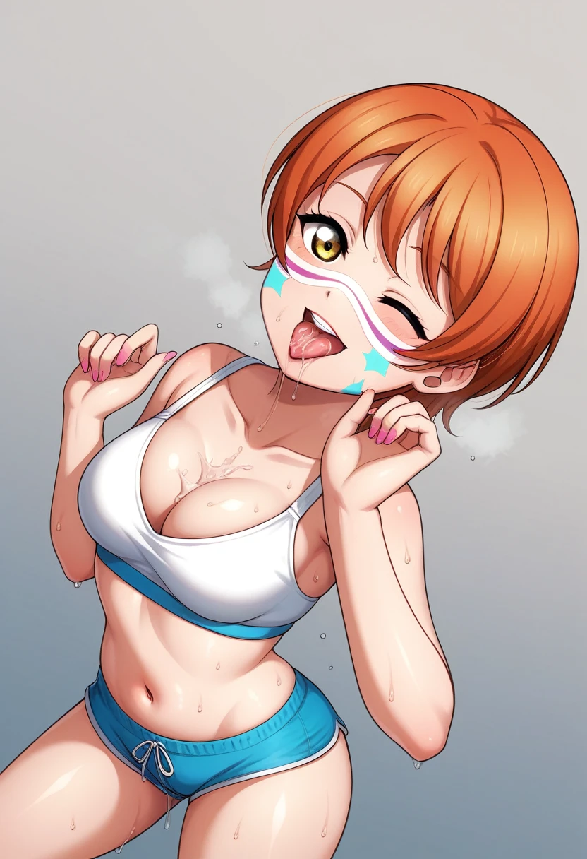 Masterpiece, sksrin, beautiful , facial details, 8k wallpaper, Rin Hoshizora Love Live, short hair, white gym bra, micro shorts , wrestling outfit,(lipstick:0.8), (face paint:1.2),Fascinated by her beauty ,wink, moist skin,thin waist ,short girl, skindentation , tongue out, open mouth , wet tongue, Saliva 