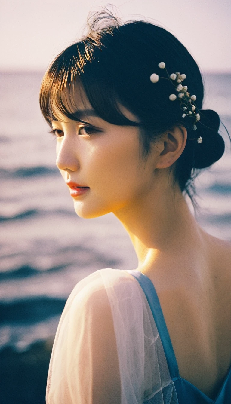aesthetic portrait, (quite a bit body), Leica SL3, Summicron-SL 75 f/2 ASPH, Lomochrome Color 92 film, 1girl, (a beautiful face of Japanese model), friendly smile, solo, from behind, updo hair, film-grain, bokeh, depth of field, cinematic, seascape, artificial realm spectrum whale , sunshine,