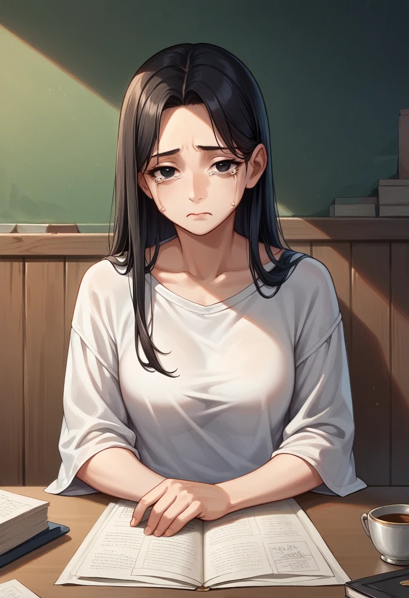 Illustration, detailed illustration, masterpiece, best quality, ultra-detailed, 1girl, beautiful woman, 28 year old woman, black hair, black eyes, sad expression, miserable expression, sitting at dining room table, puffy eyes, tears, tired looking, looking at viewer