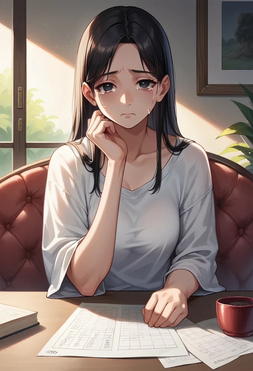 Illustration, detailed illustration, masterpiece, best quality, ultra-detailed, 1girl, beautiful woman, 28 year old woman, black hair, black eyes, sad expression, miserable expression, sitting at dining room table, puffy eyes, tears, tired looking, looking at viewer