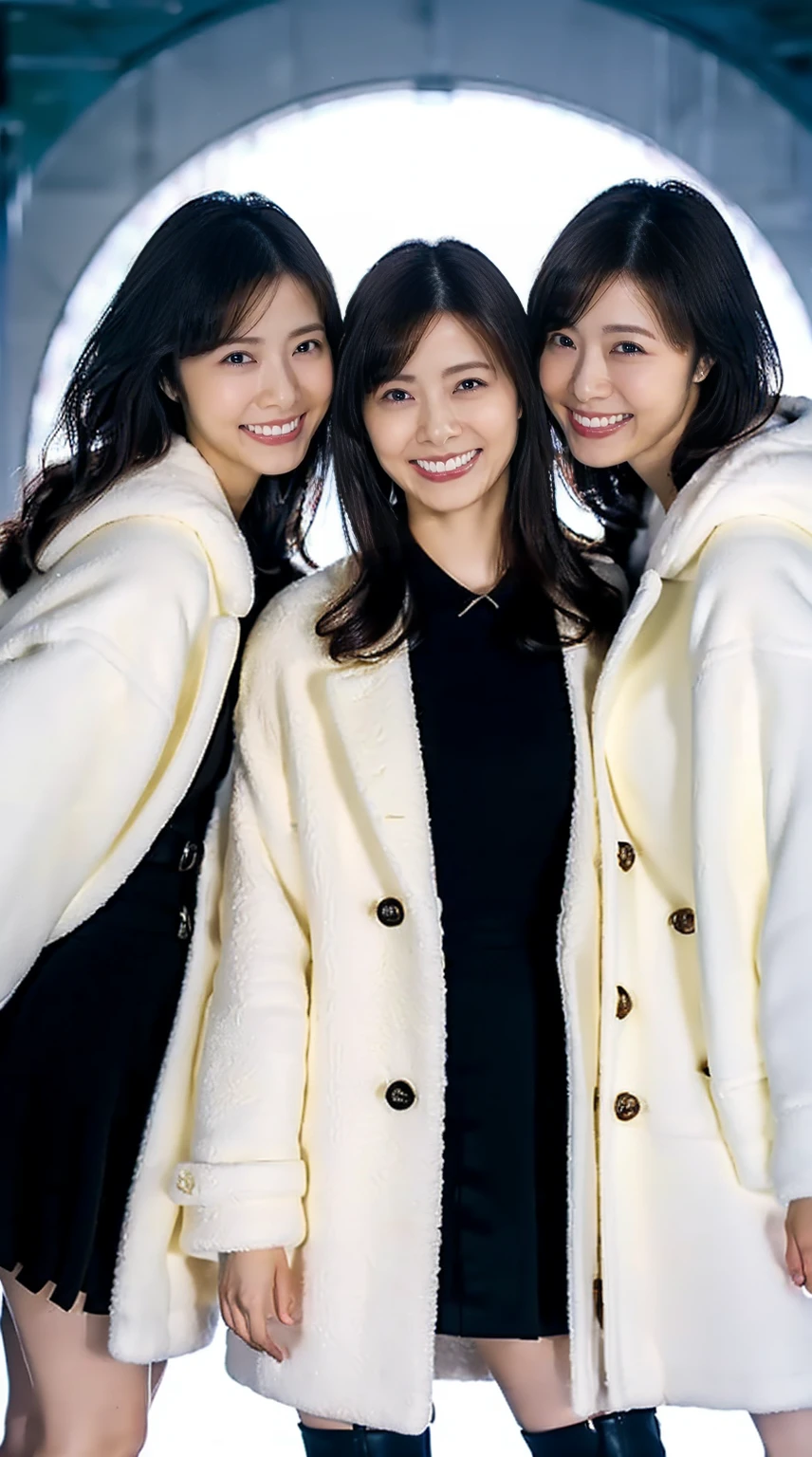 8K, RAW Photos, Full body photo, Realistic: 1.25), (Lip gloss, eyelash, Glossy face, Glowing Skin, Super beautiful sexy Japanese women, 20-year-old, Highest quality, Ultra-high resolution, Depth of written boundary, chromatic aberration, Caustics, Moisturized lips, Ultra Cropped Face, Shining Detail Eyes, Half-up dark brown hair, Snazzy, Same height, White long coat, Thick long coat, Feather long coat, Black knit dress, Black mini skirt, Black long boots, Three girls standing and hugging each other, Big Breasts, Sheer