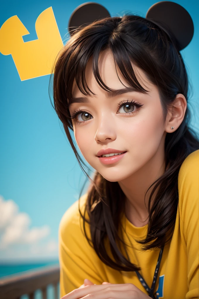 A character in the style of Disney Pixar's Inside Out, she will have big purple eyes, long black hair,A girl, with a slightly yellowish skin tone, with green and square glasses,She will be wearing a long dress with lots of flowers, and a pink sneaker, finally it will be low.
