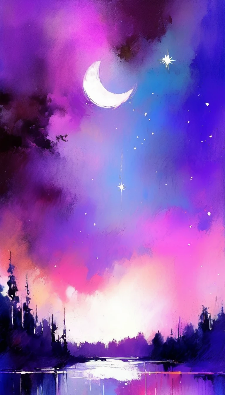 magic, fantastic, night sky, moon, stars, background, (simple oil painting in a style to Bill Sienkiewicz)
