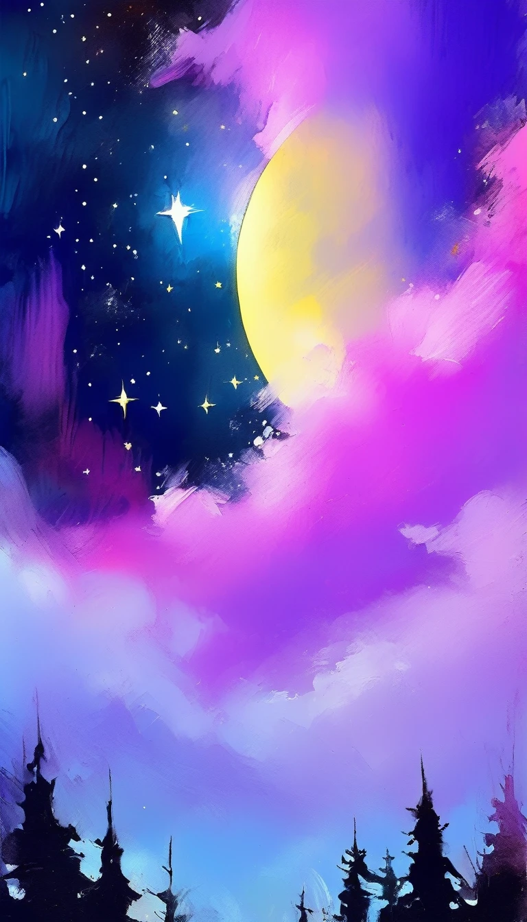 magic, fantastic, night sky, moon, stars, background, (simple oil painting in a style to Bill Sienkiewicz)
