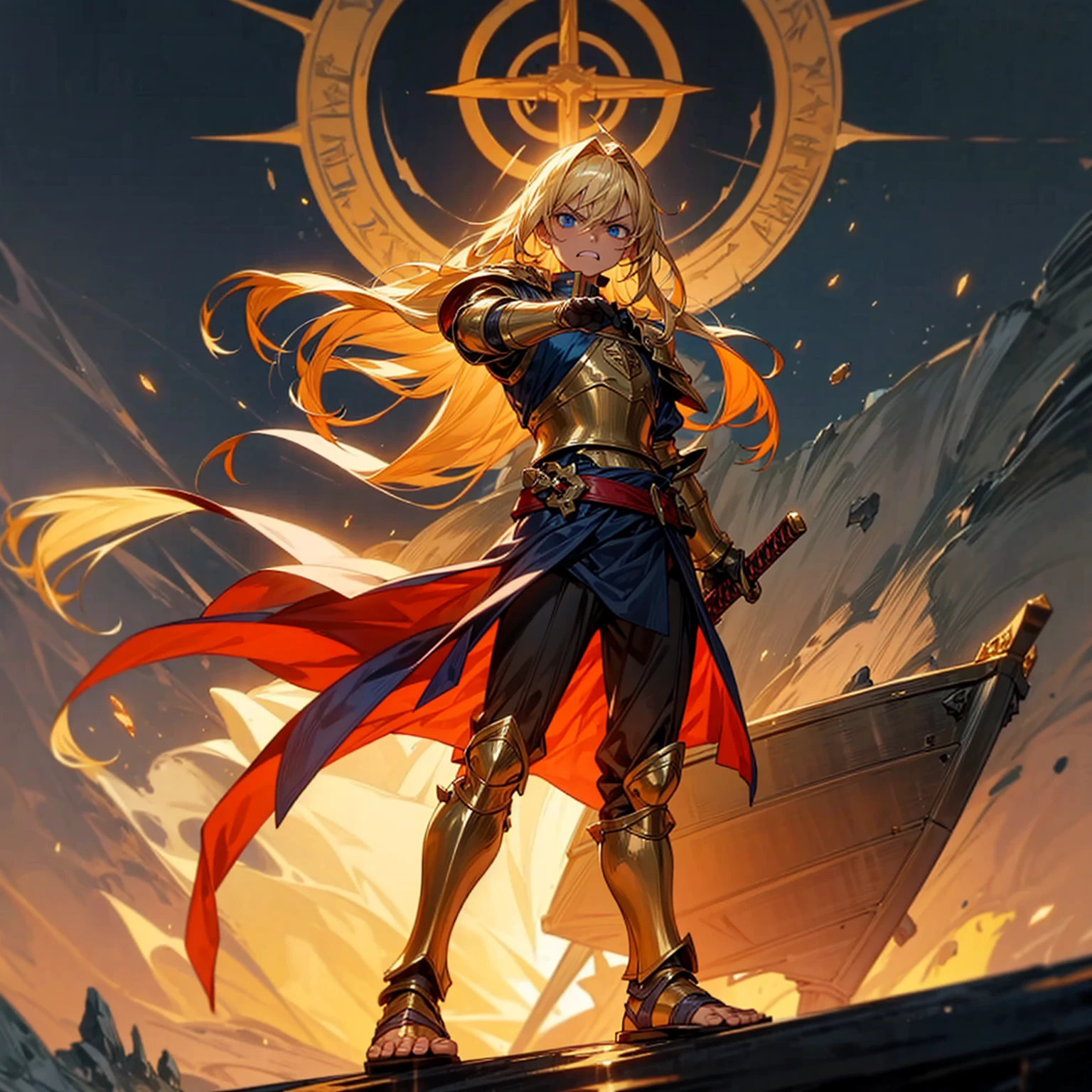 1boys, Full body version, 1character, muscle, blue eyes, Tan skin, very long hairstyle, blonde colour hair, very angry expression, angry eyes, angry mouth, templar knight clothing, blue colour clothing, ancient Greek sandals, gold sword in hand, small shield gold in hand, gold armor, Grassroots background in big ship, sea, background ship damage, war in ship, fire, fire light, light fire silhouette, in evening, (war gesture), bloody in ship, blood on face, blood on sword, blood on armor, bloody background
