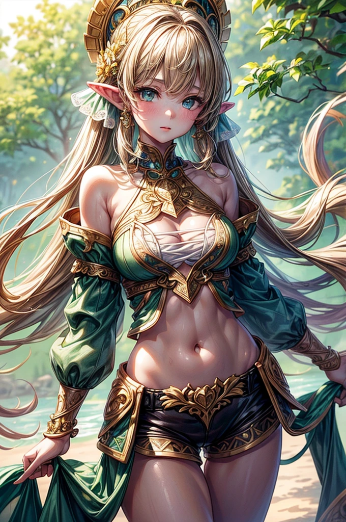 ((highest quality)),(ultra high resolution),(Super detailed),(detailed description),((best CG)),(best work of art),super precision art, great drawing art,(Art with precise details:1.5), (1 young girl:1.5), beautiful and well-shaped face:1.5,(Beautiful skin with precise and detailed depiction:1.6),(sleeveless halter neck sports bra, elastic waist band shorts ),gorgeous, masterpiece, best quality, high-resolution, finely detailed, extremely detailed and beautiful, distinct-image, 1 girl, 16 year old teenager, solo, soft and cute facial features, big round light green eyes, symmetrical face, plump thick lip, alabaster white skin, short height, slim beautiful body, slim waist, long golden blonde hair, leaf-style clothing adorns her body, elvish ears