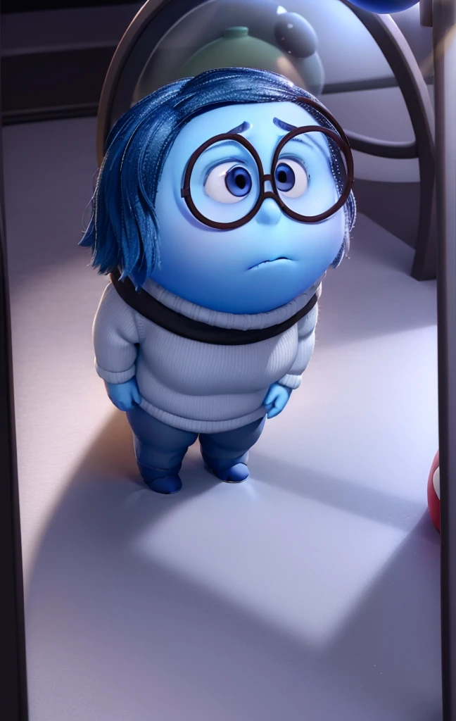 masterpiece, best quality, (Sadness_InsideOut , white turtleneck, black-framed eyewear,  glasses, sadness ),   colored glowing spheres, pixar, cartoon, 3d render, sfw, 