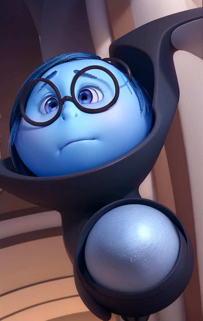 masterpiece, best quality, (Sadness_InsideOut , white turtleneck, black-framed eyewear,  glasses, sadness ),   colored glowing spheres, pixar, cartoon, 3d render, sfw, 