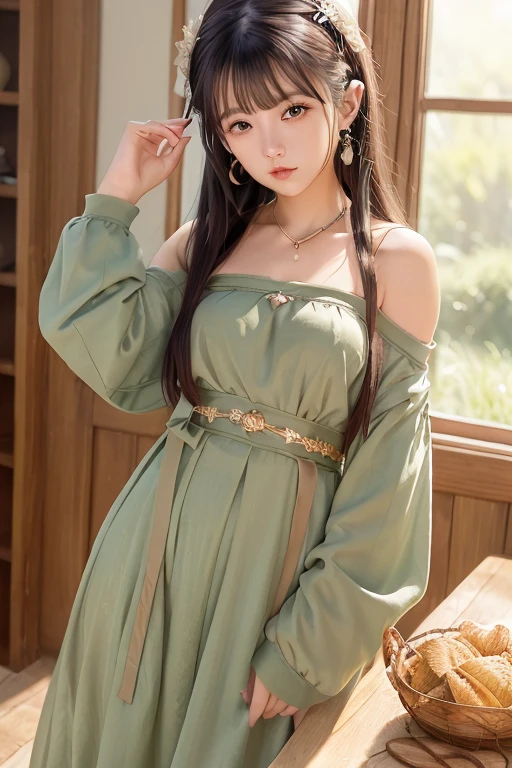 (small breasts:1.2), (perky chest:1.1), (pointed chest:1.0), (hand gun magazine cover:1.3),(from below:1.2),(from side:0.9),masterpiece, 1girl, Amazing Cleavage:1.1, thin waist, big ass, Raised sexy, small breast: 1.2, posed cleavage:1.2、solo, open mouth, have a cute grass of cute beergrass,black hair, dark green eyes, dress, bare shoulders, jewelry, collarbone, sidelocks, hairband, earrings, indoors, off shoulder, sweater, arms behind back, plant, short hair with long locks, gild hairband, sweater dress:1.2, off-shoulder sweater, red sweater, dark gord hair, big side hair, very long side hair,is rendered in (masterpiece: 1.2, best quality), with (ultra high resolution) and an exquisite (depth of field). This masterpiece is not only visually stunning but also tells,A scene of cooking in the kitchen by classroom ,looking at viewer,