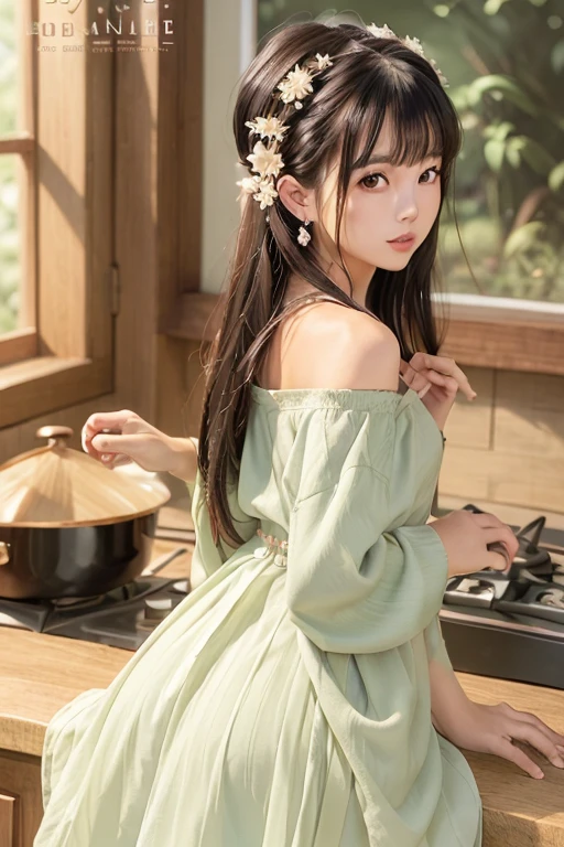 (small breasts:1.2), (perky chest:1.1), (pointed chest:1.0), (hand gun magazine cover:1.3)，(from below:1.2),(from side:0.9),masterpiece, 1girl, Amazing Cleavage:1.1, thin waist, big ass, Raised sexy, small breast: 1.2, posed cleavage:1.2、solo, open mouth, have a cute grass of cute beergrass,black hair, dark green eyes, dress, bare shoulders, jewelry, collarbone, sidelocks, hairband, earrings, indoors, off shoulder, sweater, arms behind back, plant, short hair with long locks, gild hairband, sweater dress:1.2, off-shoulder sweater, red sweater, dark gord hair, big side hair, very long side hair,is rendered in (masterpiece: 1.2, best quality), with (ultra high resolution) and an exquisite (depth of field). This masterpiece is not only visually stunning but also tells,A scene of cooking in the kitchen by classroom ,looking at viewer,
