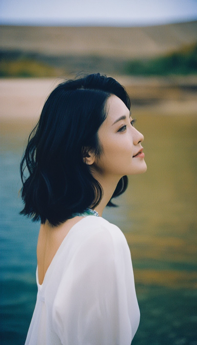 aesthetic portrait, (quite a bit body), Leica SL3, Summicron-SL 75 f/2 ASPH,  Lomochrome Color 92 film, 1girl, (a beautiful face of Japanese model), friendly smile, solo, from behind, updo hair, film-grain, bokeh, depth of field, cinematic, seascape, artificial realm spectrum whale , sunshine, 