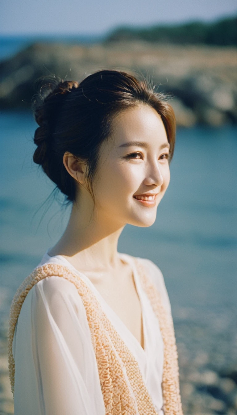 aesthetic portrait, (quite a bit body), Leica SL3, Summicron-SL 75 f/2 ASPH, Lomochrome Color 92 film, 1girl, (a beautiful face of Japanese model), friendly smile, solo, from behind, updo hair, film-grain, bokeh, depth of field, cinematic, seascape, artificial realm spectrum whale , sunshine,