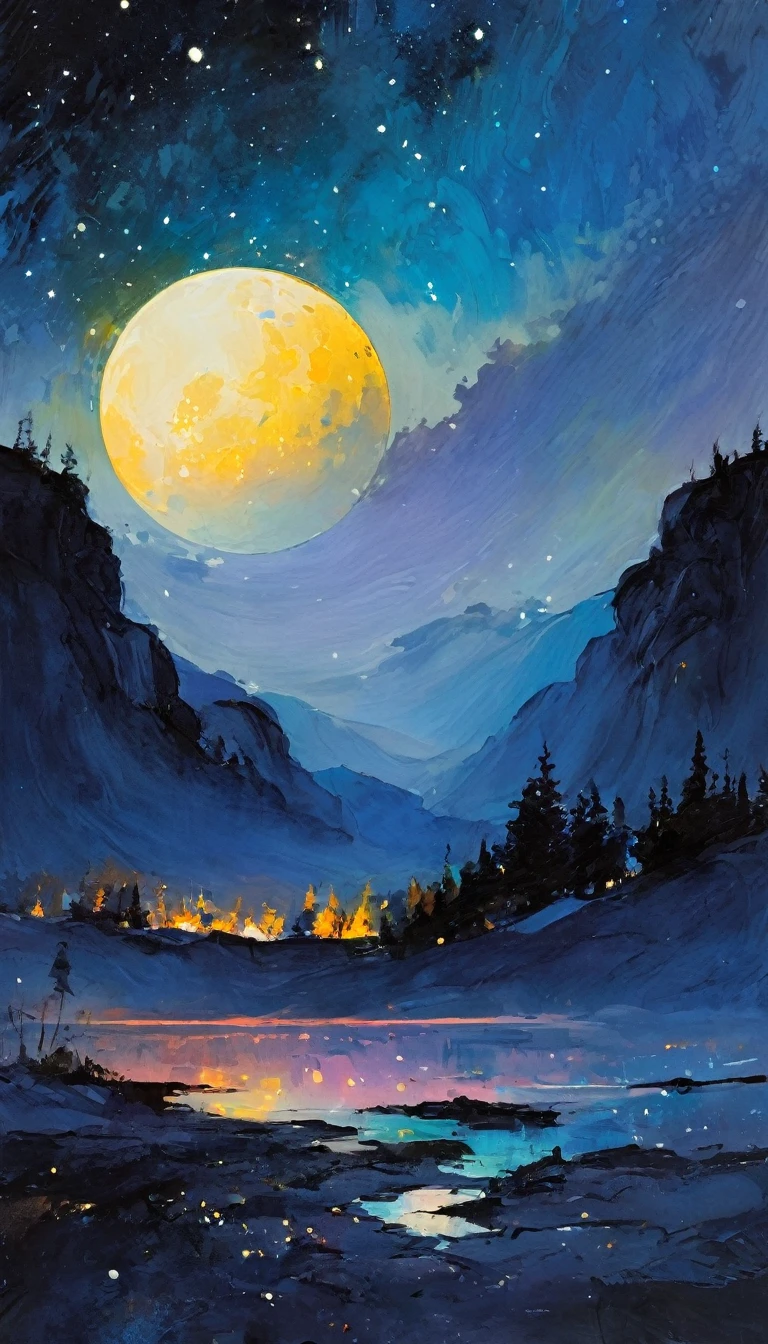 magic, fantastic, night sky, moon, stars, background, (simple oil painting in a style to Bill Sienkiewicz)