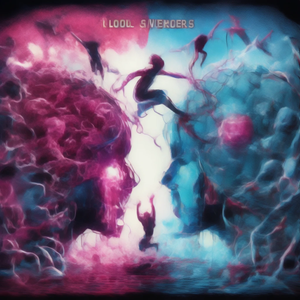 blood scavengers opposite world dream cyan magenta. A fight inside a broken mind. A splendid beautiful trans woman trying to emerge as the future in an astonishing panorama of end times.
