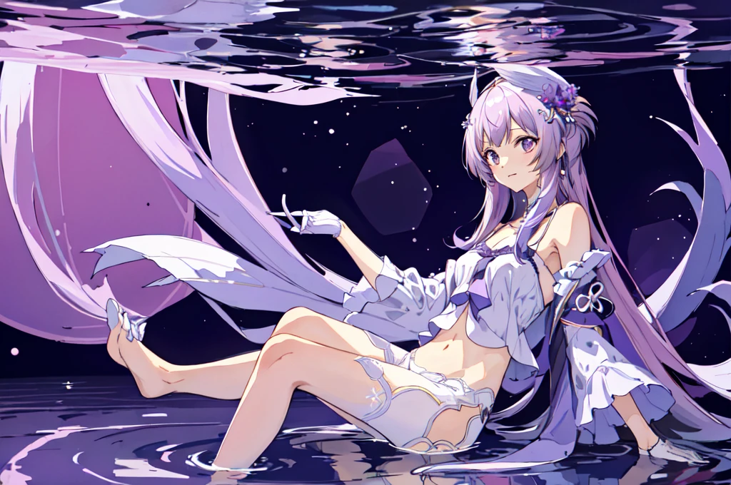 purple flower pattern white background, sitting in the middle, casual outfit, inside in the circle in the middle, long hair, water reflection,