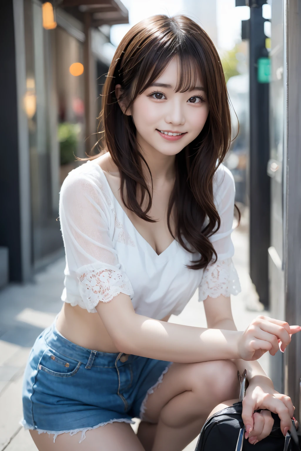 8k, best quality, ultra detailed, ((Petite girl:1.3)), ars old, Expressionless, (masterpiece:1.2), (((very small breast:1.2))) , highly detailed background, (Erect nipples), (panty), (((Shirtless:1.3))), ((Pleated skirt)), Big and upward-curved eyes with a cute vibe, in the shinjuku town,Thick eyebrows set slightly high, Long hair with lots of bangs, Small face with a V-shaped jawline, Small and cute nose, Small mouth with thin lips, Slender and athletic physique, Cute and cheerful vibe, full body, (depth of field), ‹lora:pantira_v1:0.15> ,black
pantiesinskirt, black panties, pleated skirt, plaid skirt, miniskirt, squatting, crotch, (show crotch:1.2), ((loafers)), ((White Sox)),