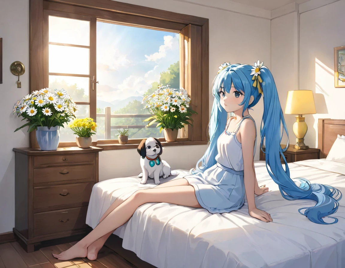 The room is decorated with many daisies.、Margaret flowers on the windowsill、The morning sun is shining、Long light blue hair、Beautiful girl with twin tails、sitting on the bed holding a large cushion、A dog is watching next to the beautiful girl.