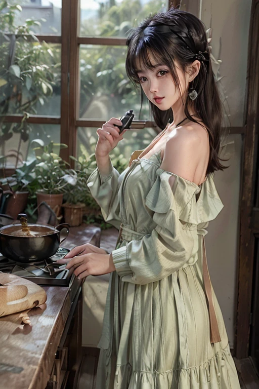 (small breasts:1.2), (perky chest:1.1), (pointed chest:1.0), (hand gun magazine cover:1.3),(from below:1.2),(from side:0.9),masterpiece, 1girl, Amazing Cleavage:1.1, thin waist, big ass, Raised sexy, small breast: 1.2, posed cleavage:1.2、solo, open mouth, have a cute grass of cute beergrass,black hair, dark green eyes, dress, bare shoulders, jewelry, collarbone, sidelocks, hairband, earrings, indoors, off shoulder, sweater, arms behind back, plant, short hair with long locks, gild hairband, sweater dress:1.2, off-shoulder sweater, red sweater, dark gord hair, big side hair, very long side hair,is rendered in (masterpiece: 1.2, best quality), with (ultra high resolution) and an exquisite (depth of field). This masterpiece is not only visually stunning but also tells,A scene of cooking in the kitchen by classroom ,looking at viewer,