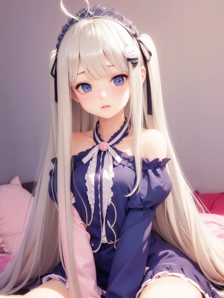 masterpiece, best quality, 1girl, blue eyes, blonde hair, platinium hair, very long hair, pink outfit, ribbons, bedroom, sit, plushies, colorful pastel colors, particles, luminescent, pink background, kawaiitech, pastel colors, kawaii, cute colors, ( painting style:0.9), masterpiece, best quality, absurdres, looking at viewer, no pupils,(detailed eyes), (detailed face), perfect face, 