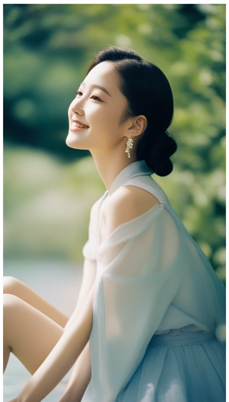 aesthetic portrait, (quite a bit body), Leica SL3, Summicron-SL 75 f/2 ASPH, Lomochrome Color 92 film, 1girl, (a beautiful face of Japanese model), friendly smile, solo, from behind, updo hair, film-grain, bokeh, depth of field, cinematic, seascape, artificial realm spectrum whale , sunshine,