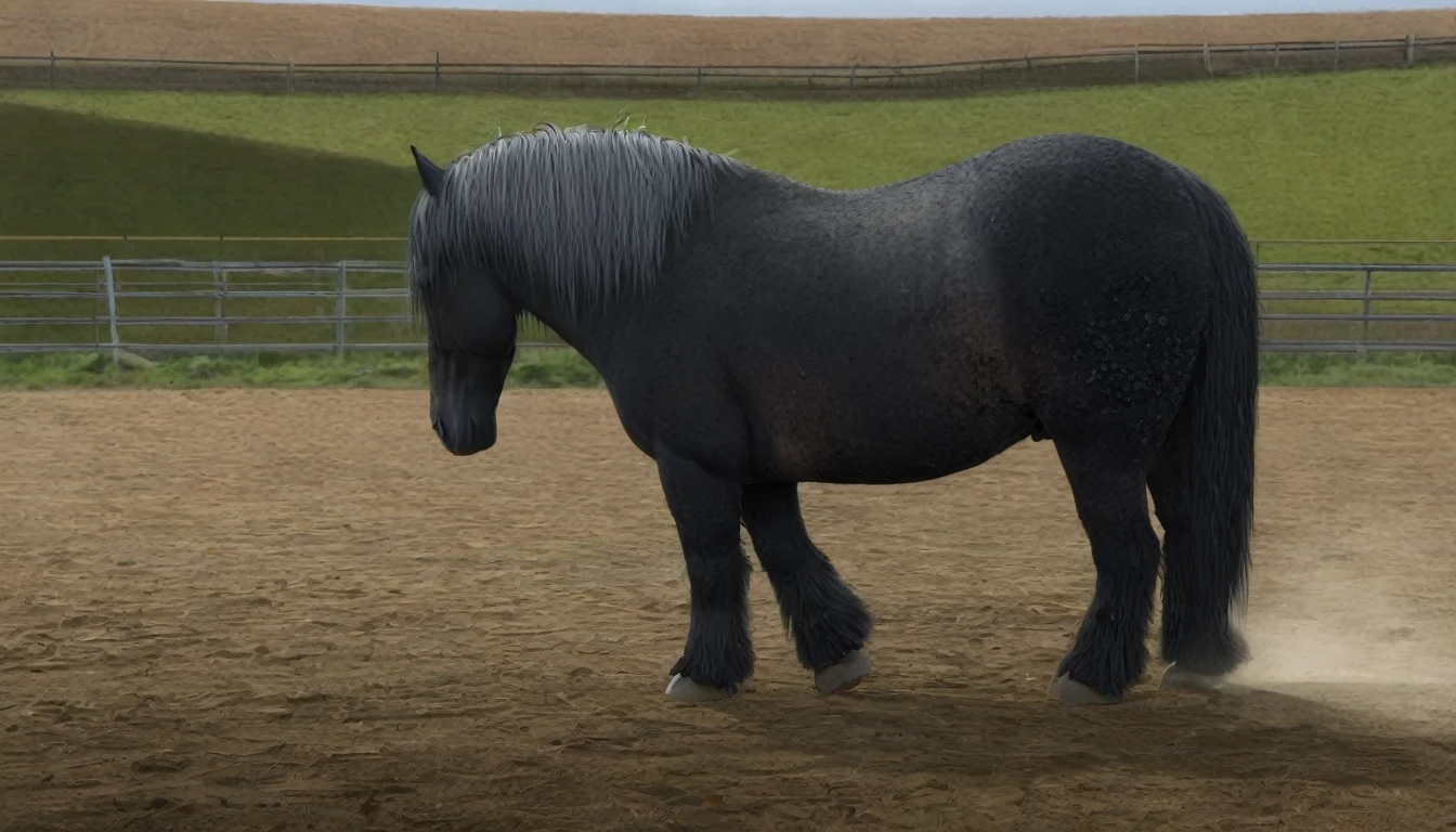 full rear view of a very huge fat very hairy (1,200) black(1,100) draft horse stallion with 2 big lumps of horse dung (1,50) dropping to the ground out of rectum at the centre of a big bum and sliding down legs. huge volume of light yellow urine pouring out of erect horse penis (20) flooding (1,80) the ground under horse. facing away from view point - towards horizon. open rectum and anus in full view tail to left side. ((masterpiece)), ((best quality)), ((highres)), ((extremely detailed)), (( long distance back view)), (super realistic) . anatomically correct. open field. bright sunny sky. (head(1,10), body, legs, hooves,(2.5)). hairy horse. 5 very large piles of horse dung around back of horse(1,20).