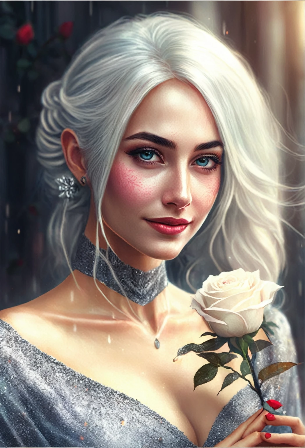 there is a woman with white hair holding a rose in her hand, fantasy art portrait, stunning digital illustration, digital fantasy portrait, beautiful fantasy art portrait, realistic fantasy illustration, beautiful digital illustration, fantasy genre portrait, detailed matte fantasy portrait, fantasy portrait, beautiful digital artwork, beautiful fantasy portrait, charlie bowater art style, neoartcore and charlie bowater