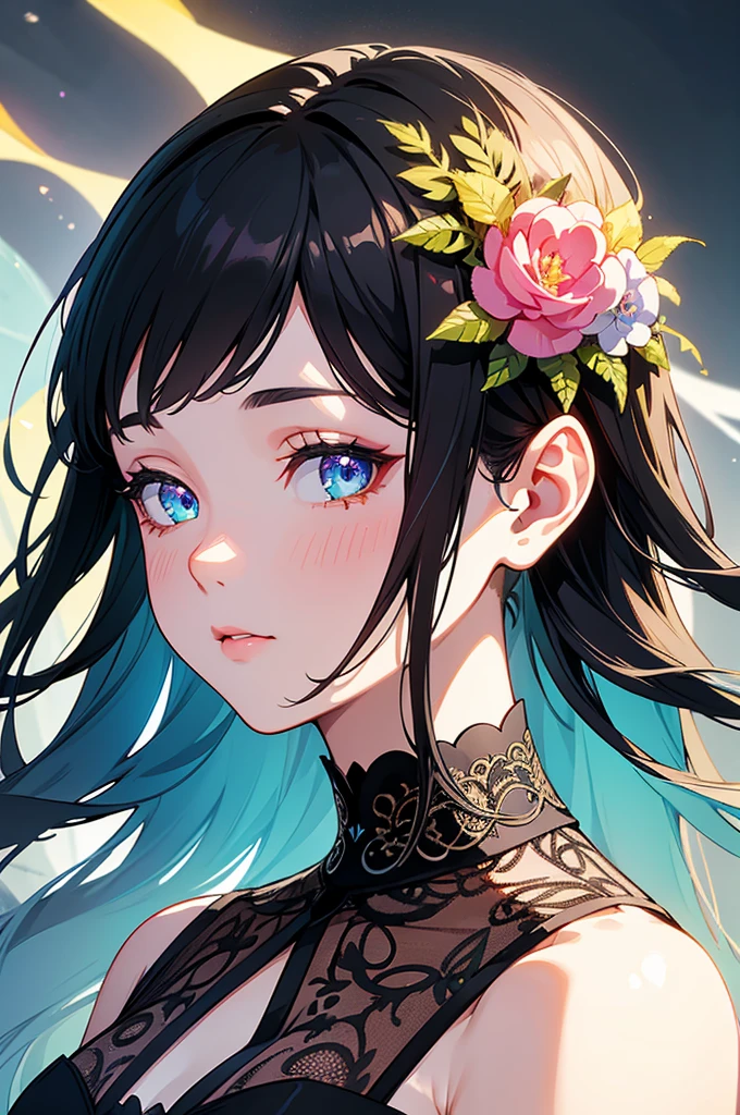 cute girl, rainbow eyes, black hair, cute dress, intricate details, high quality, detailed texture, cinematic lighting, vibrant colors, glowing skin, delicate features, elegant pose, dreamlike atmosphere, fantasy art, photorealistic, 8k, best quality, masterpiece