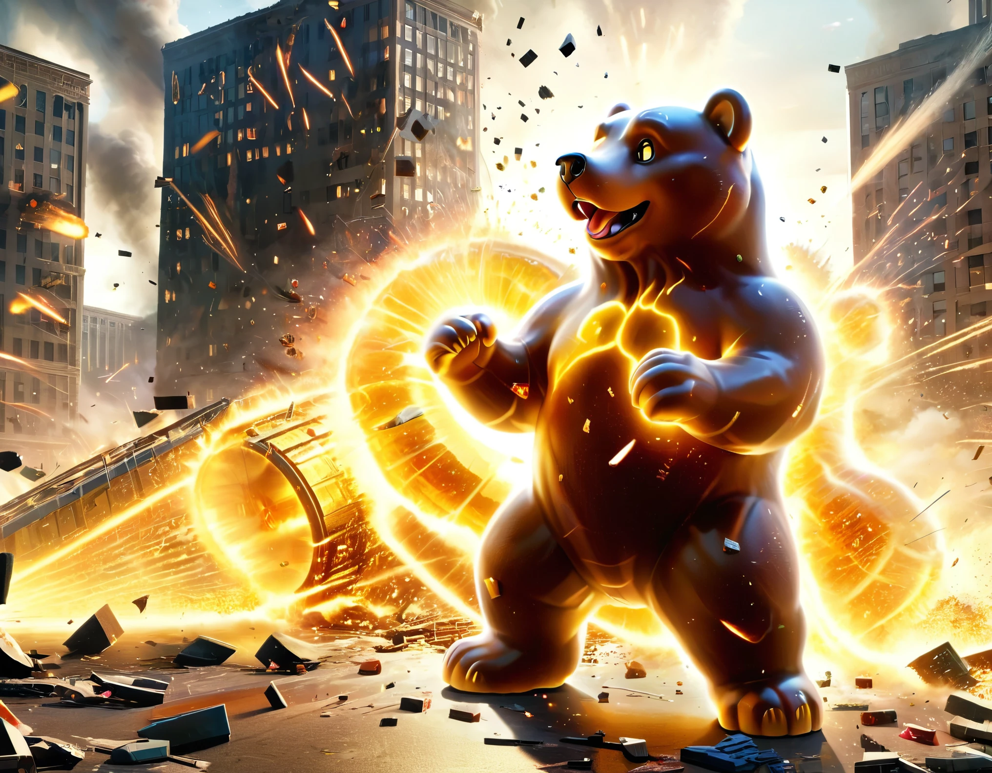 High-resolution 3D scene, epic battle, Los Angeles under attack, giant gummy bears, massive destruction, military defense, explosions, action-packed, intense combat, surreal scenario, cinematic experience, gummy bear invasion, chaos in the city, dramatic lighting, urban warfare, military forces, war zone, heroic fight, gummy bear pieces, colorful carnage, debris falling, action movie scene, adrenaline-pumping, extraordinary event, explosive showdown, incredible visual effects, dynamic composition, apocalyptic atmosphere