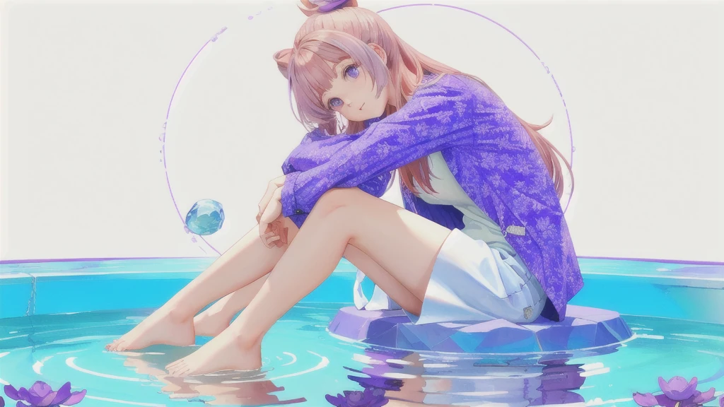 purple flower pattern white background, sitting in the middle, casual outfit, inside in the circle in the middle, long hair, water reflection,