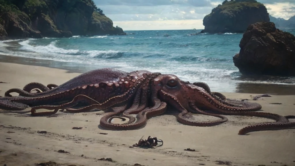 a scene, apparently taken from an old camera, from a distance not too close, ultra realisitic, where it shows a giant realistic octopus dead and stranded on a beach, hundreds of curious people surround him.
