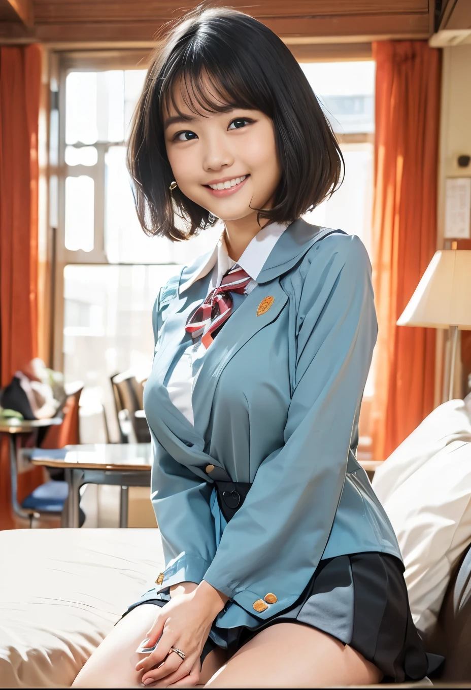 （8K、Raw photography、Highest quality、masterpiece：1.2),(Black Hair、Dark Eyes:1.9),(High school girls、school uniform:1.6)、View your audience,Viewed from the front,White skin,(:1.3)、(Tight waist:1.6)、(Clothes that accentuate the shape of the breasts:1.0)、(Big Breasts :1.3)、Slim figure、Ultra-high resolution,beautiful,beautiful fece,(One person、No background:1.9),whole bodyボディー,Japanese women,（reality的：1.37）、Photon Mapping,reality、(Baby-faced and cute: 1.2)、(Cute Smile: 1.8)、(Round face: 1.8)、Radio City、Physically Based Rendering、Depth of field rally background、photograph, (I can see your knees、Thigh close-up:1.8),（:1.6）,whole body、Great quality